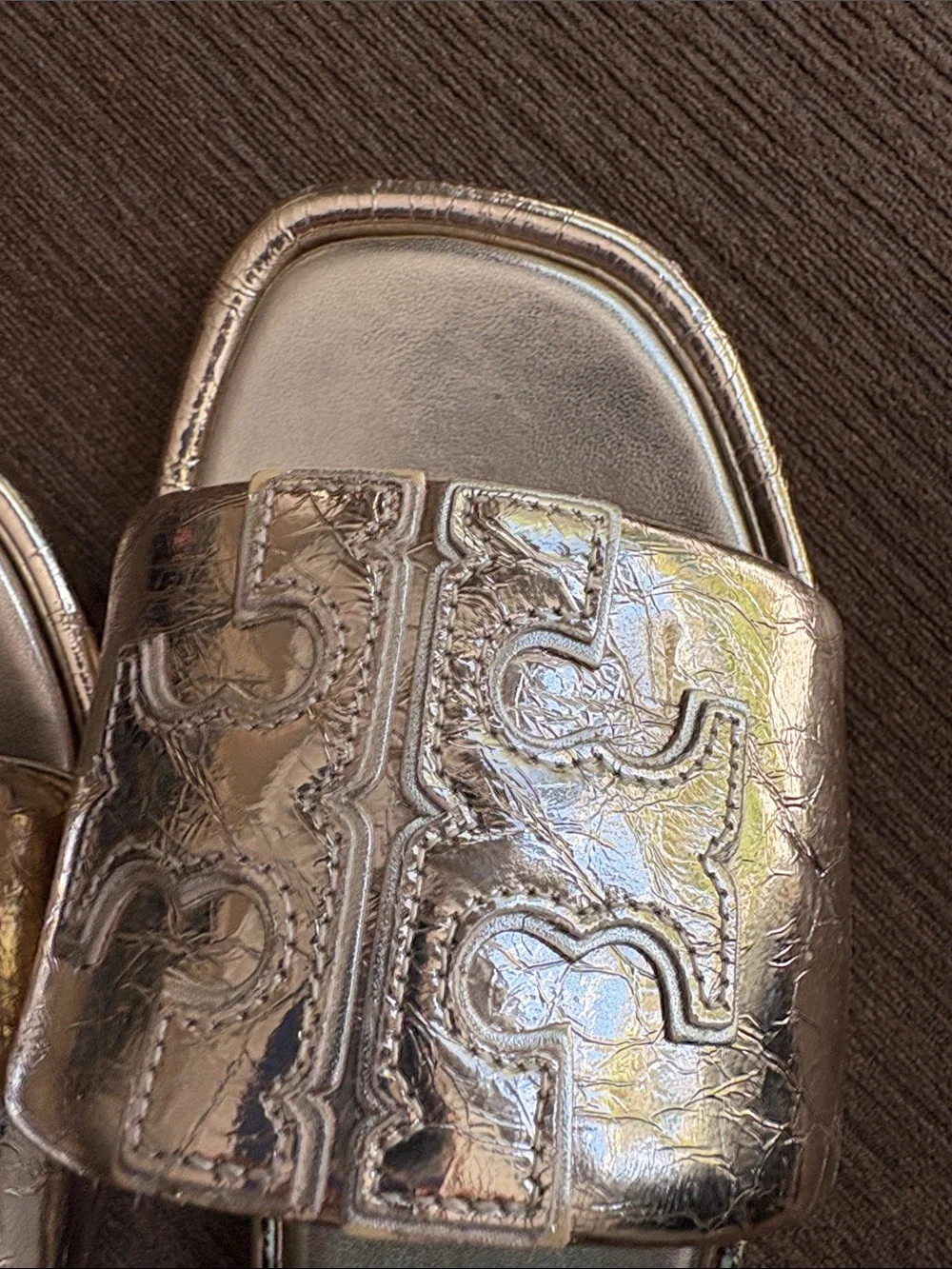 Tory Burch Iridescent Metallic Gold Logo Slide Sandals